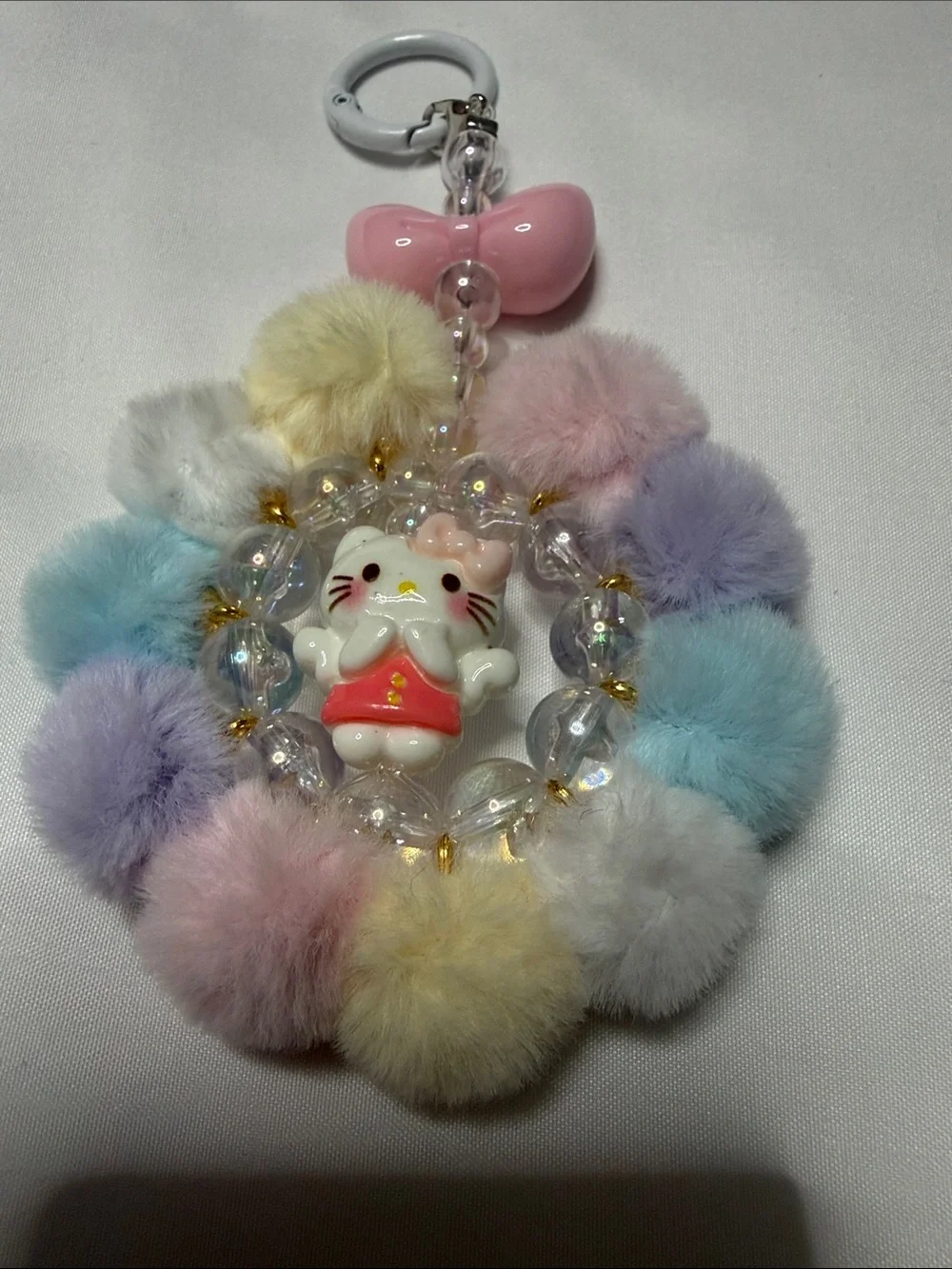 Pastel Pom Pom Kitty Keyring Charm - Pink Accent